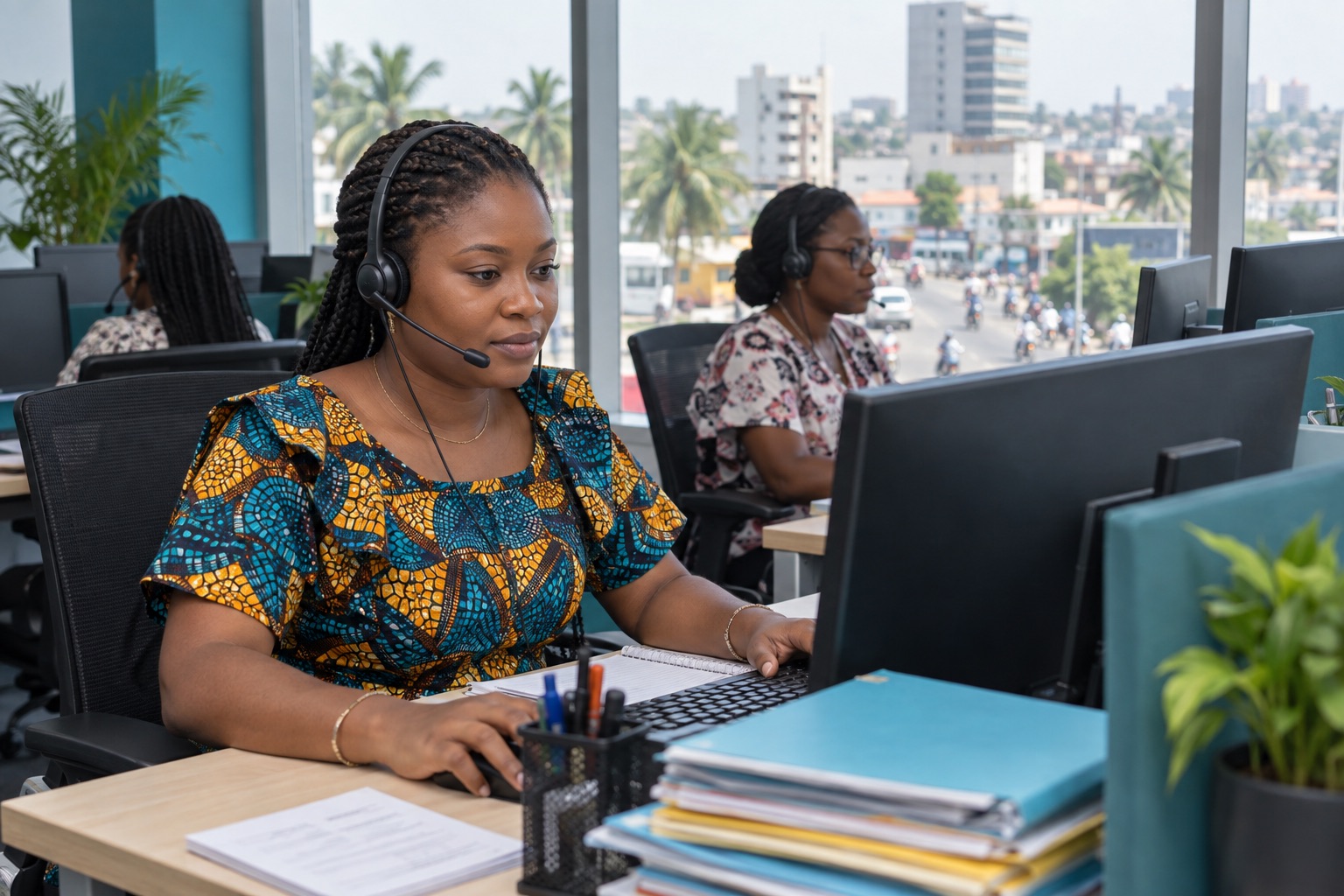 Opératrices traitant des dossiers dans un centre d’appels, vue inspirée de Cotonou