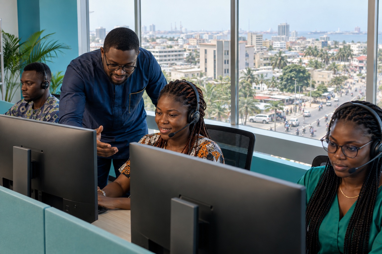 Équipe et superviseur dans un centre d’appels, vue urbaine inspirée de Cotonou