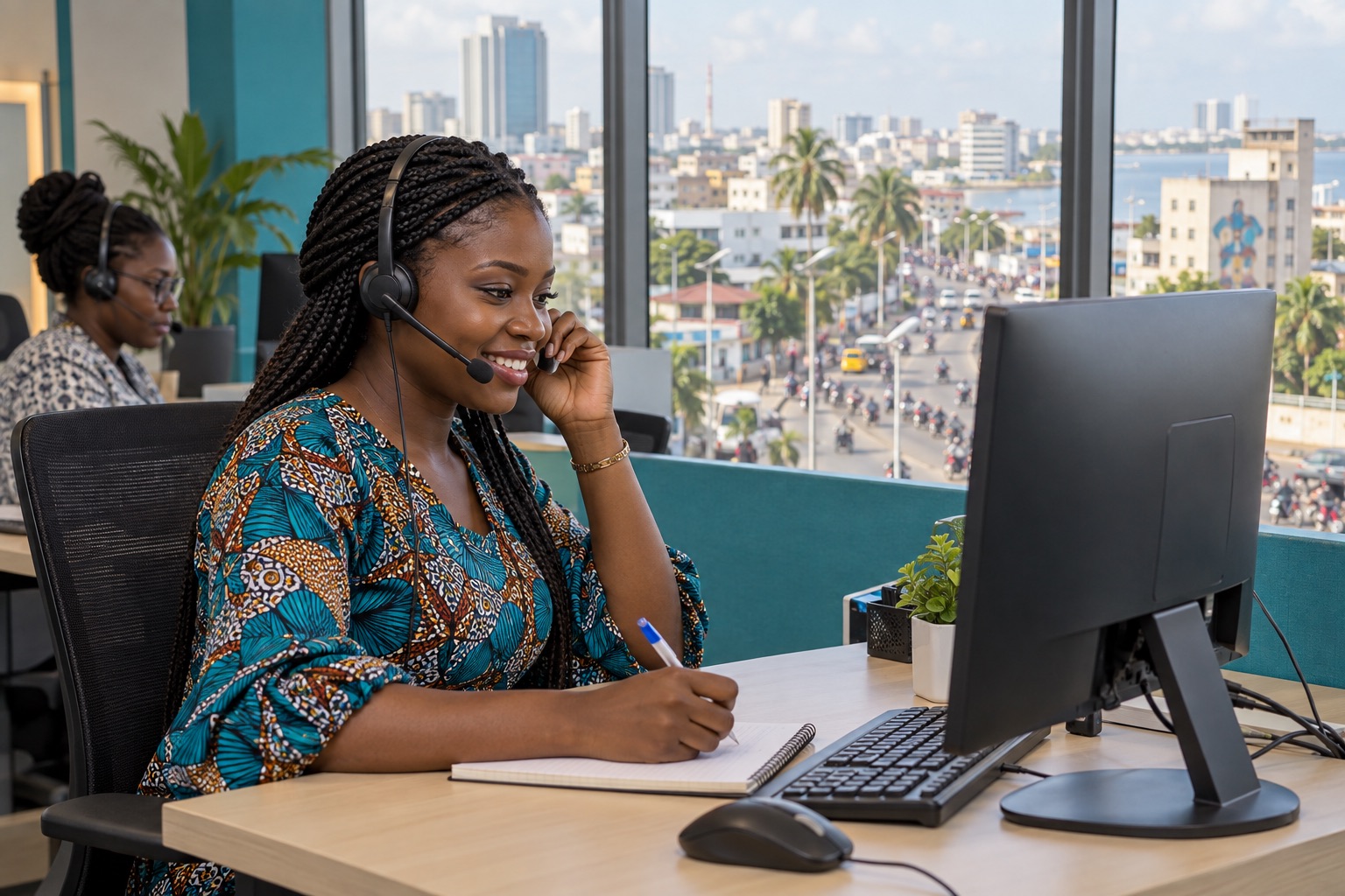 Opératrice de centre d’appels prenant un message, vue inspirée de Cotonou par la fenêtre