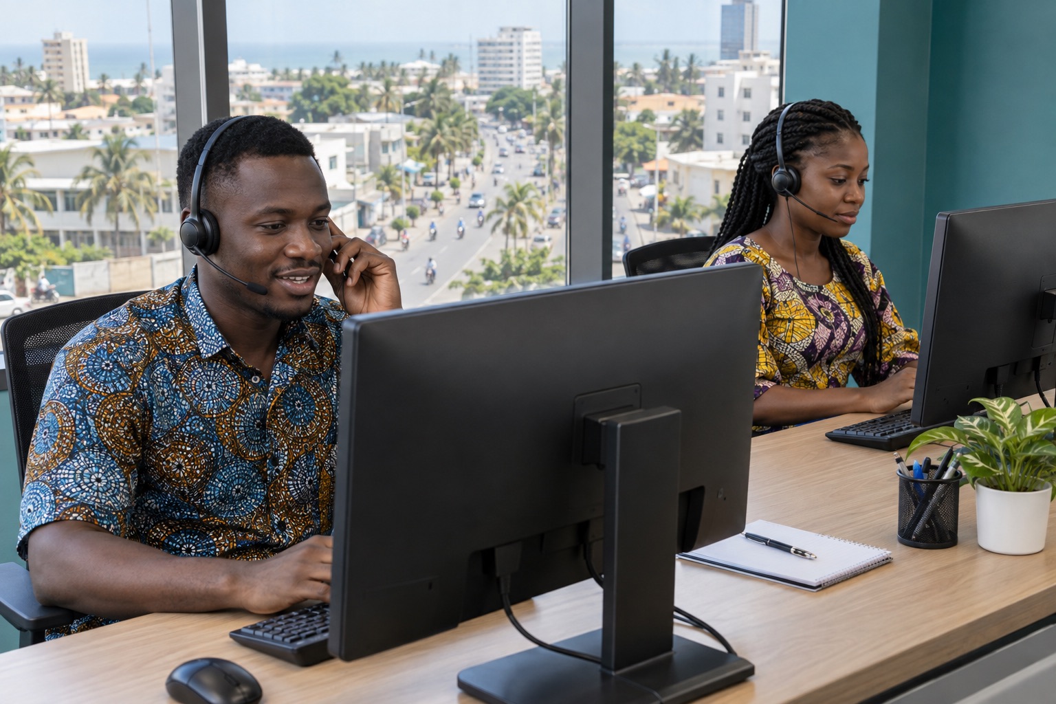 Deux opérateurs avec casques dans un centre d’appels, vue urbaine inspirée de Cotonou derrière la vitre